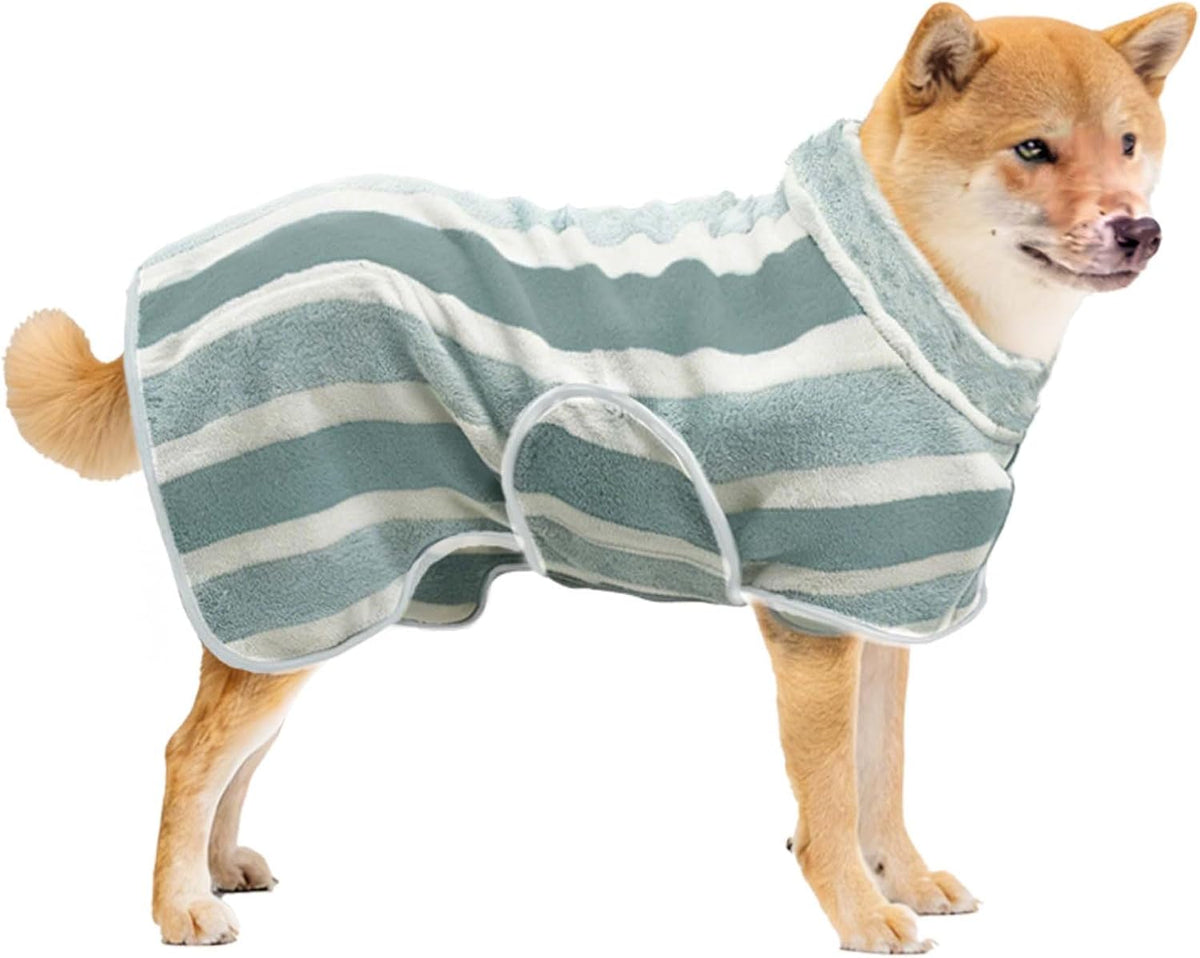 Fast‑Drying Dog Bathrobe, Absorbent Striped Pet Towel, Green, M
