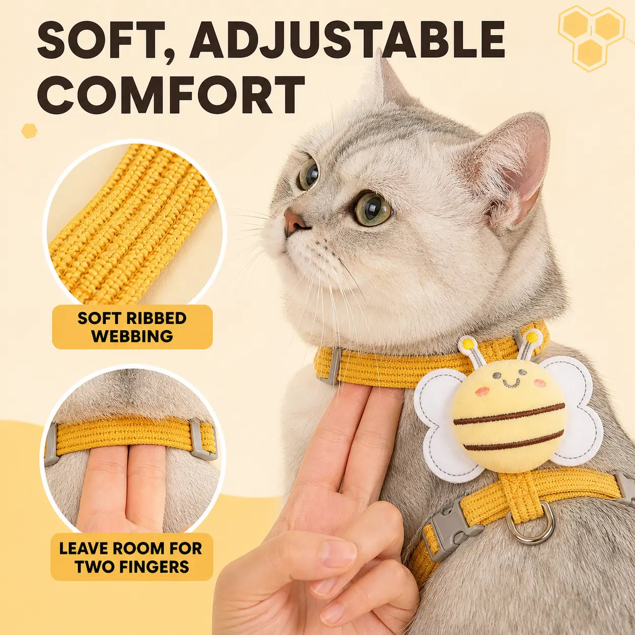 Ihubei Adorable Cat Bee Costume Adjustable Safety Harness & Leash Set - Anti-Escape, Soft Fabric, Lightweight, Sturdy Lock, Safe Walks for Small/Medium Cats, Rabbits (Leads & Harnesses), Set Includes