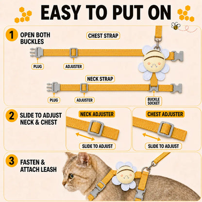 Ihubei Adorable Cat Bee Costume Adjustable Safety Harness & Leash Set - Anti-Escape, Soft Fabric, Lightweight, Sturdy Lock, Safe Walks for Small/Medium Cats, Rabbits (Leads & Harnesses), Set Includes